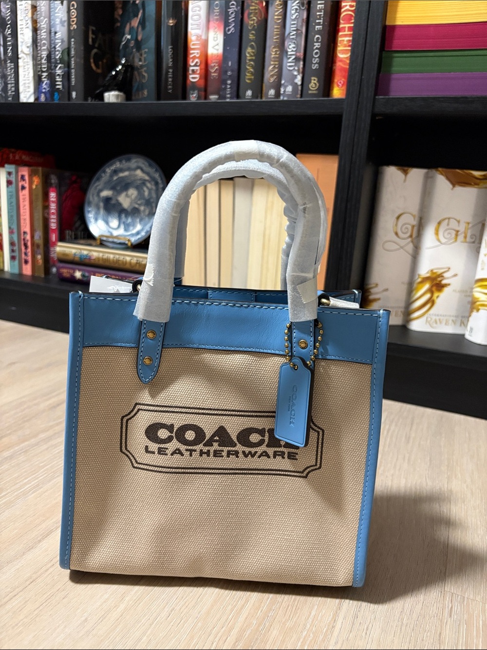Coach Beige Canvas Mini Tote with Blue Trim